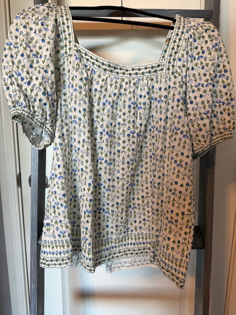 Max Studio Cream Floral Puff Sleeve Blouse with Blue and Green Print